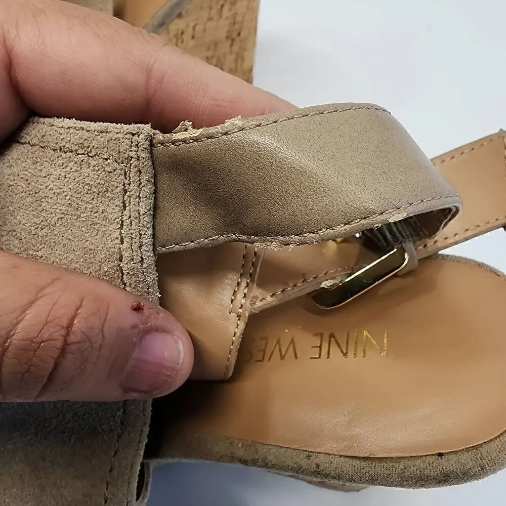 Nine West Size 8.5 Payton Suede Tan Leather Wedge Slingback Sandal Heels O